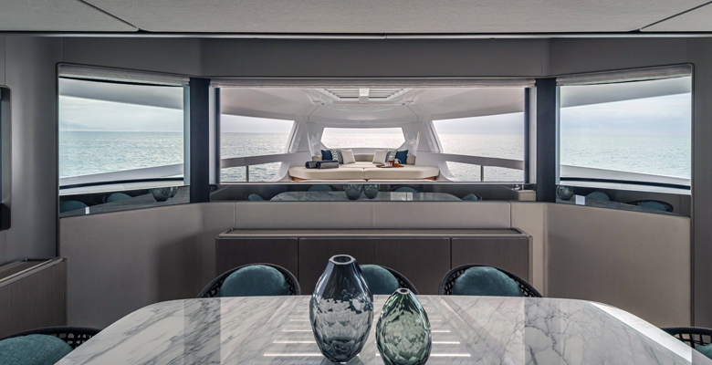 Ferretti Yachts Infynito 90 yacht enclosed bow view from dining area